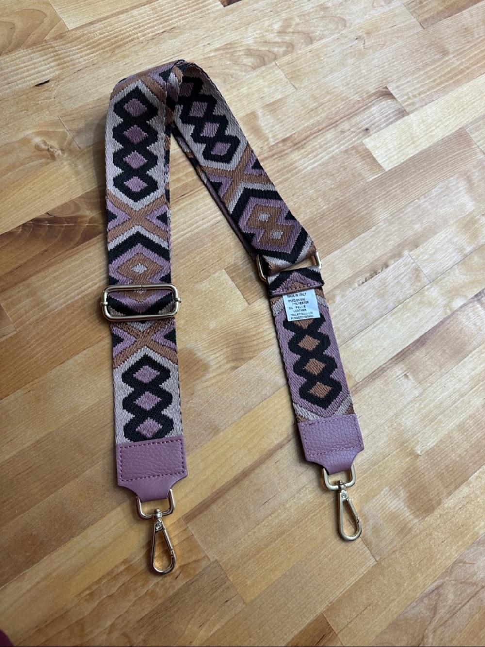 Adjustable Geometric Jacquard Bag Strap in Mauve and Brown and Black